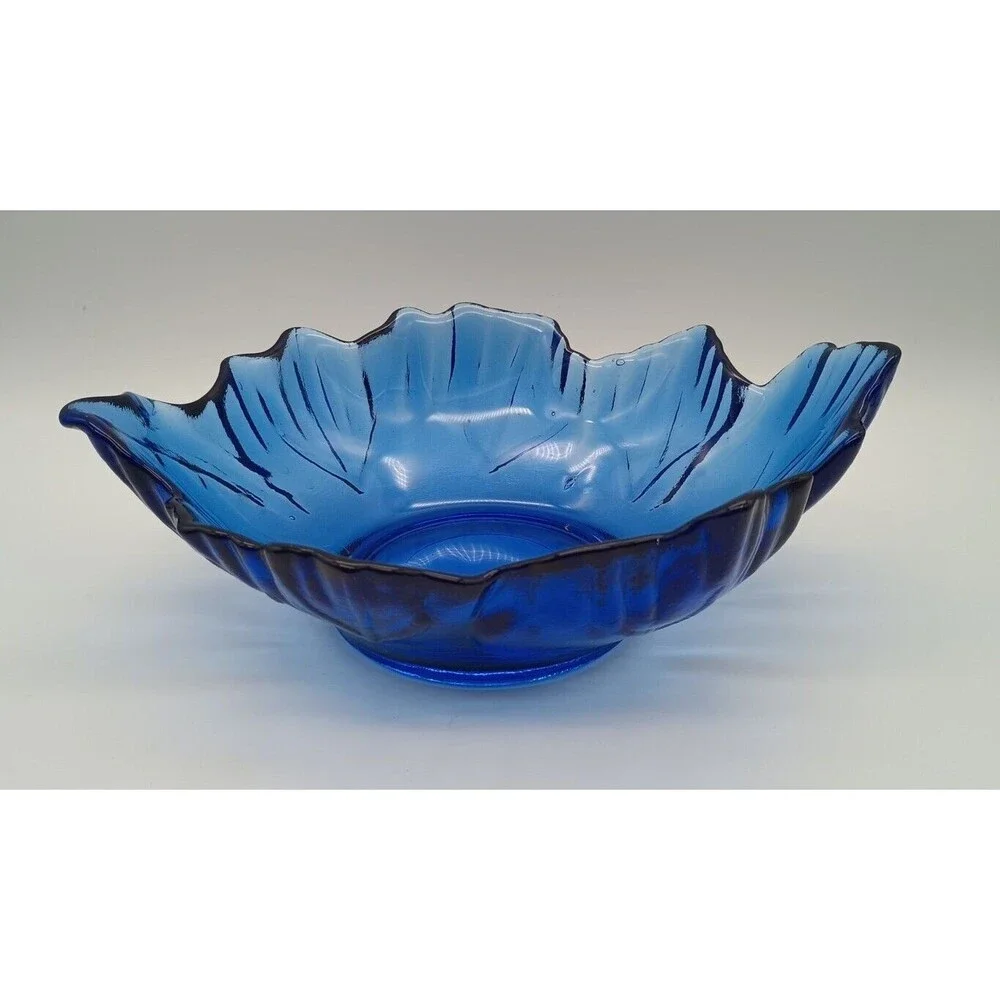 Cobalt Blue Recycled Art Glass Bowl Centerpiece Arrows Leaf